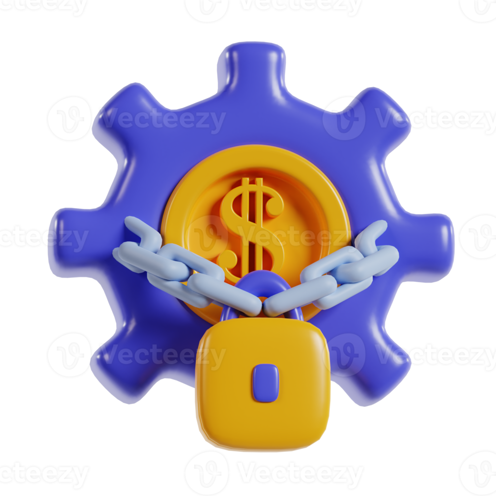 A colorful gear with a dollar sign, locked with a chain, symbolizing financial security. png