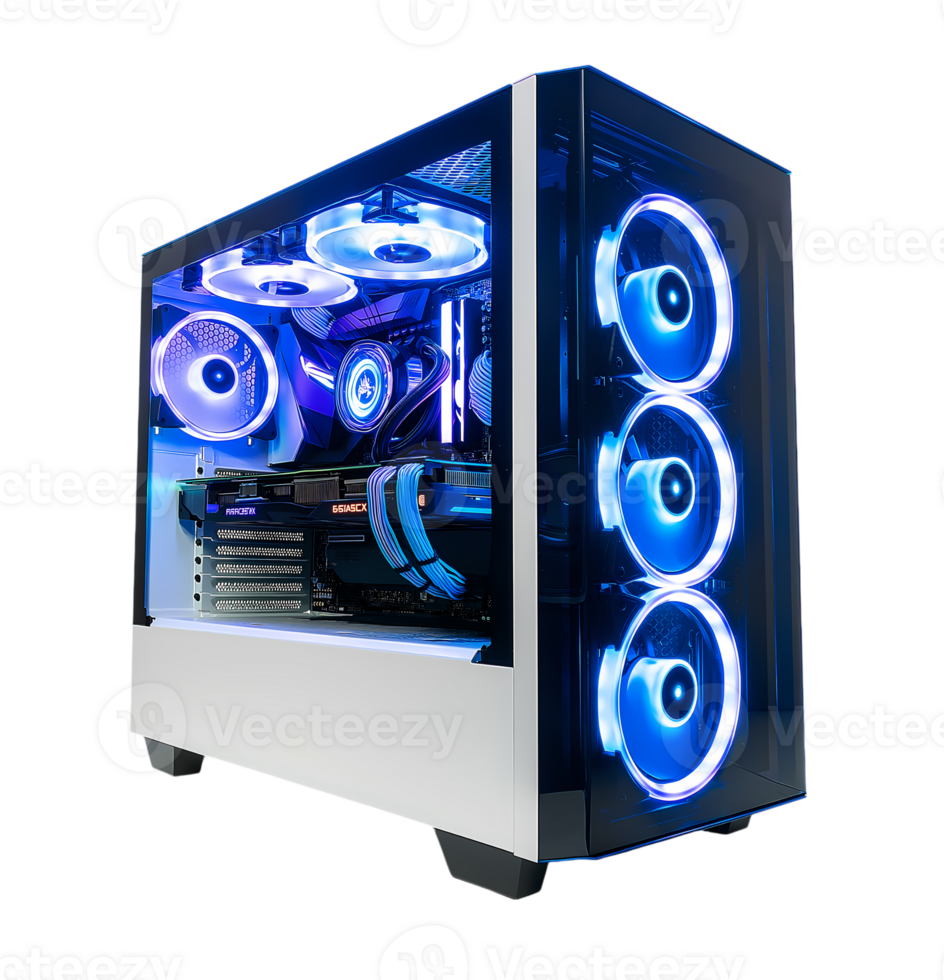 Gaming Pc with RGB blue led lights isolated on transparent background png