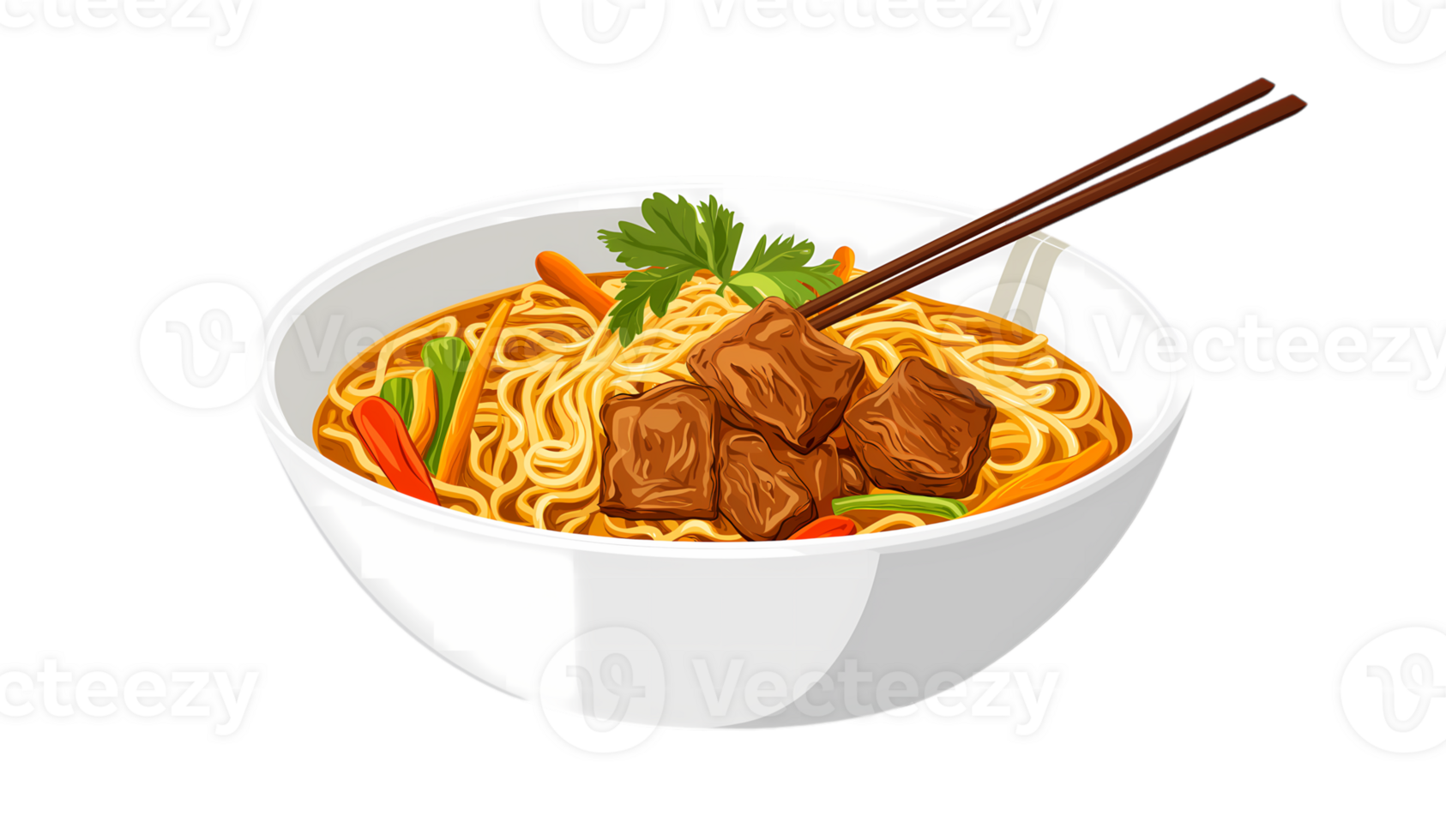 Delicious Noodles with Beef and Vegetables Served in a Bowl with Chopsticks isolated on transparent background png