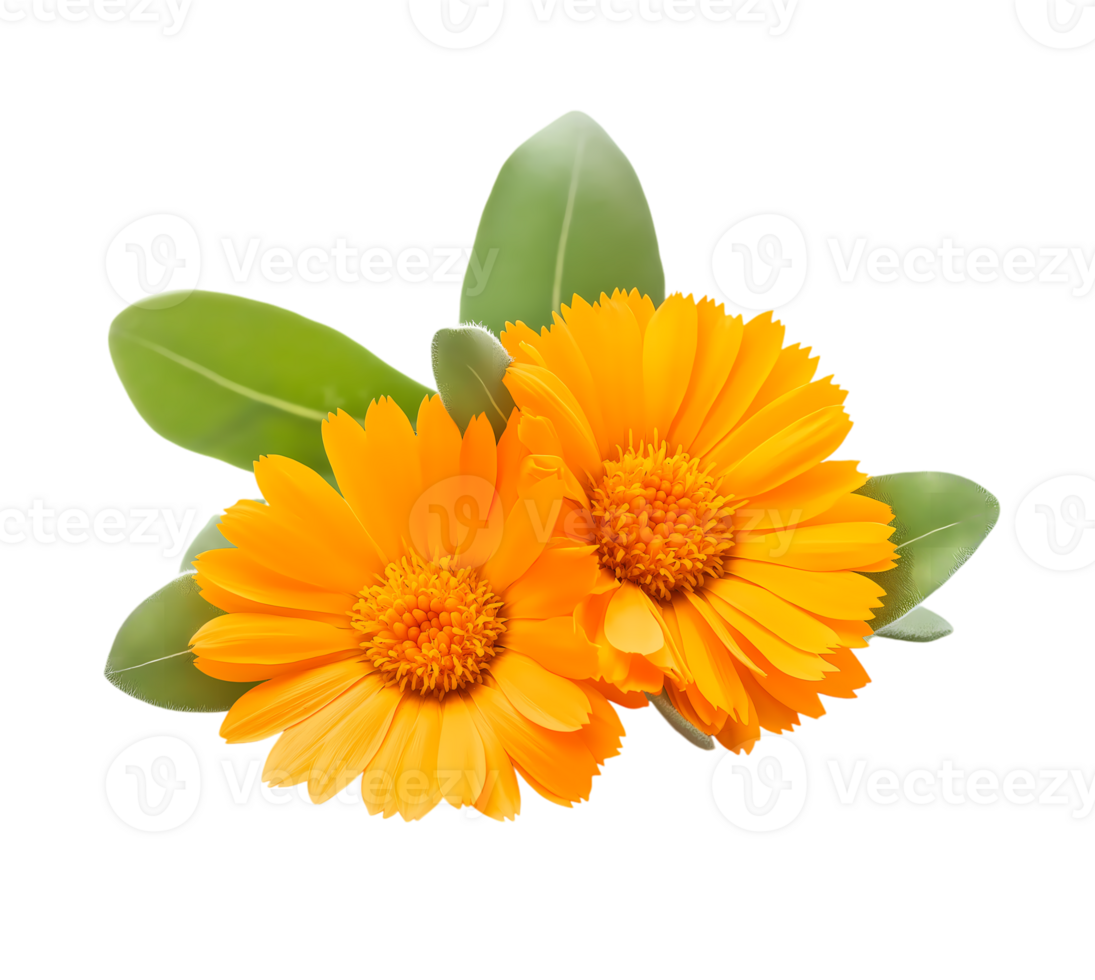 Vibrant Orange Calendula Flowers with Green Leaves isolated on transparent background png