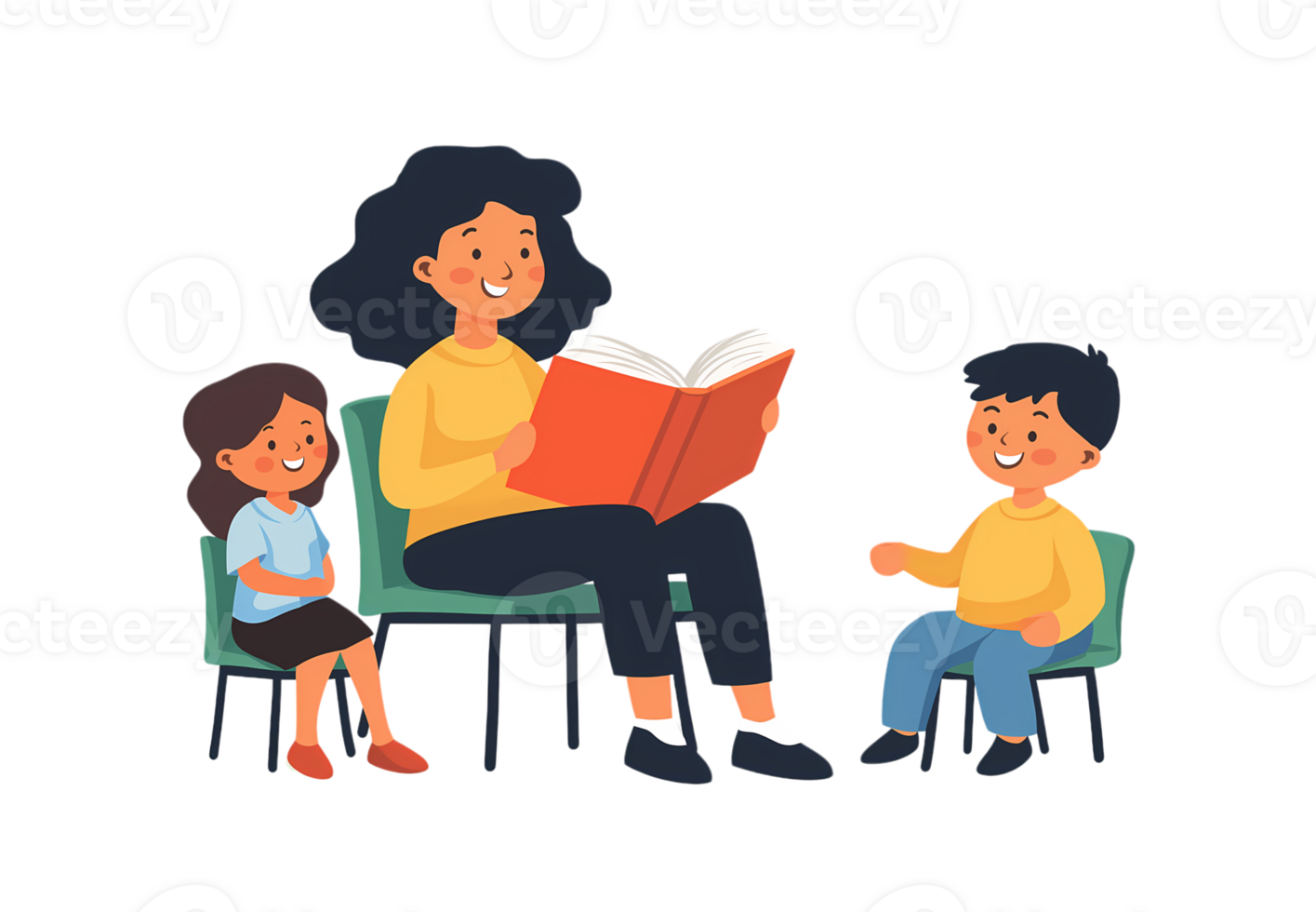 A teacher reading a storybook to a group of children isolated on transparent background png