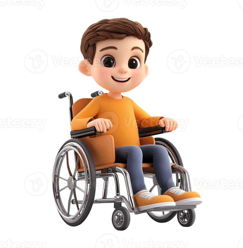 3d smiling cartoon character with wheelchair isolated on transparent background png