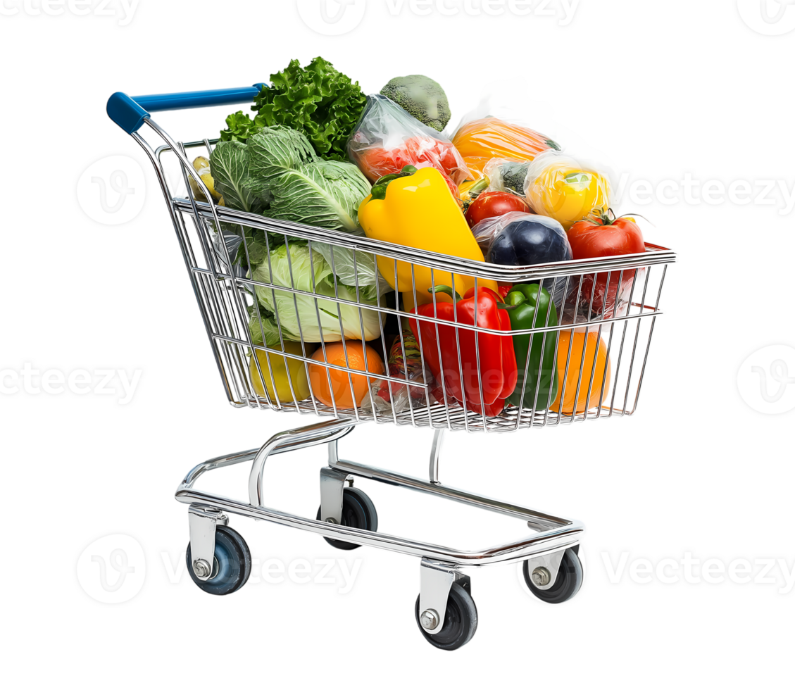 Full Shopping Cart of Groceries isolated on transparent background png