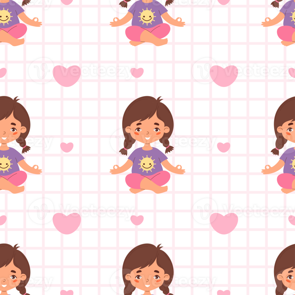 Seamless pattern yoga kids. Cute girl meditating in lotus pose on checkered background png