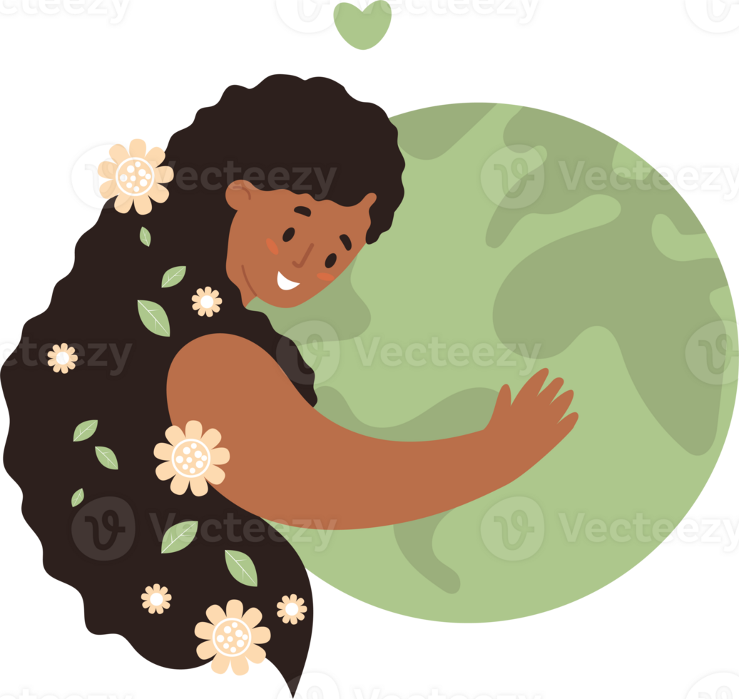 Afro american Woman hugs green planet Earth. Eco friendly Nature png