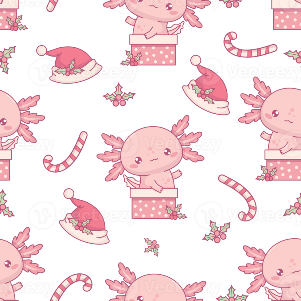 Christmas Seamless pattern with Axolotl Santa in gift box on checkered background. New Year character png