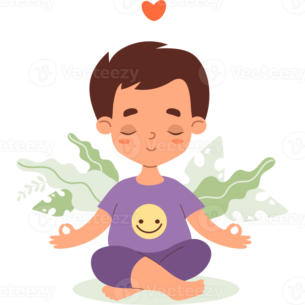 Peaceful boy meditating in lotus pose with leaves png