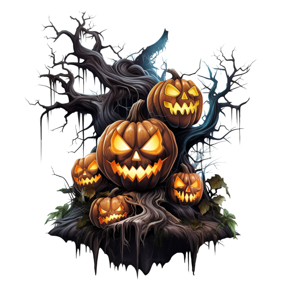 Jack O Lanterns with Creepy Tree and Halloween Decorations png