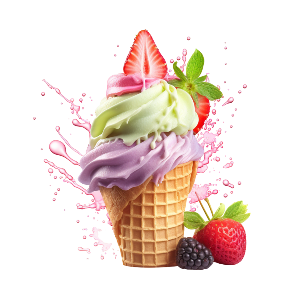 Triple Scoop Ice Cream Cone with Berries and Fruits png