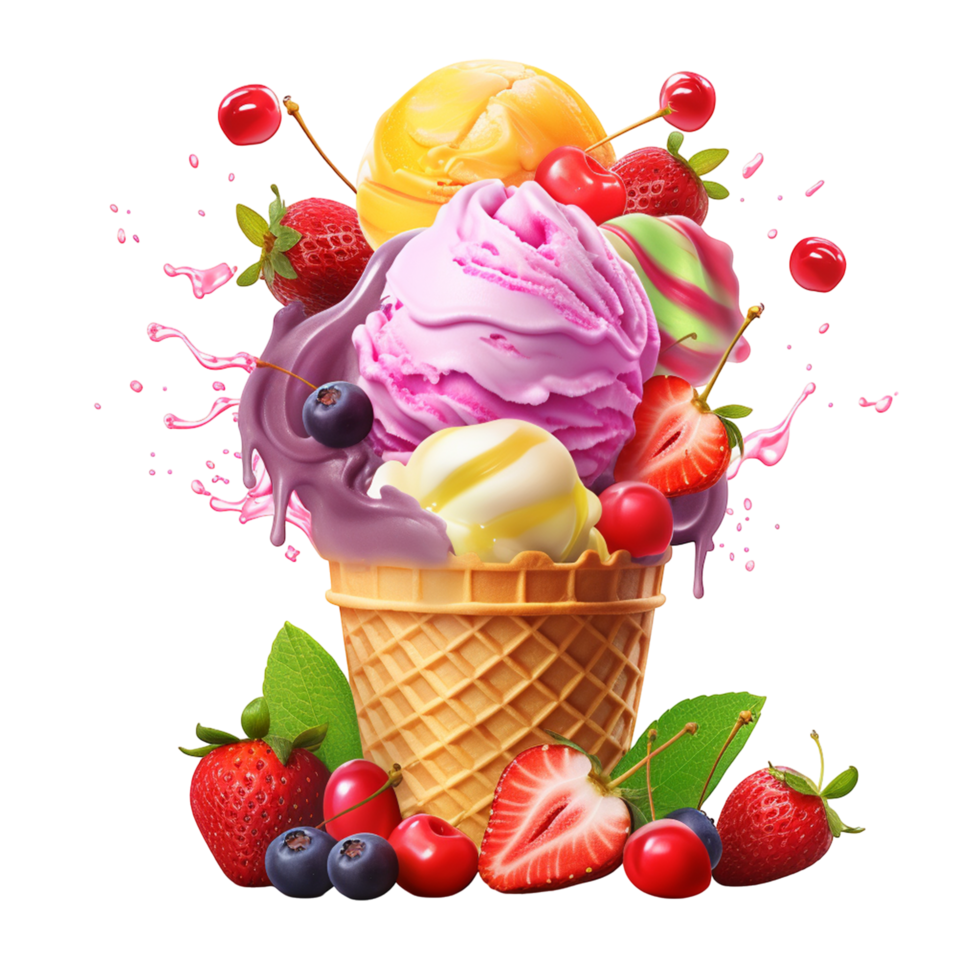 Ice Cream Cone with Triple Scoops and Berries in Vibrant Colors png