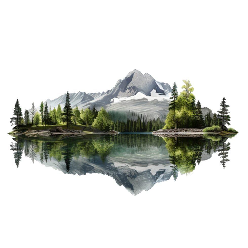 Scenic Mountain Lake Landscape with Evergreen Forest and Reflection png