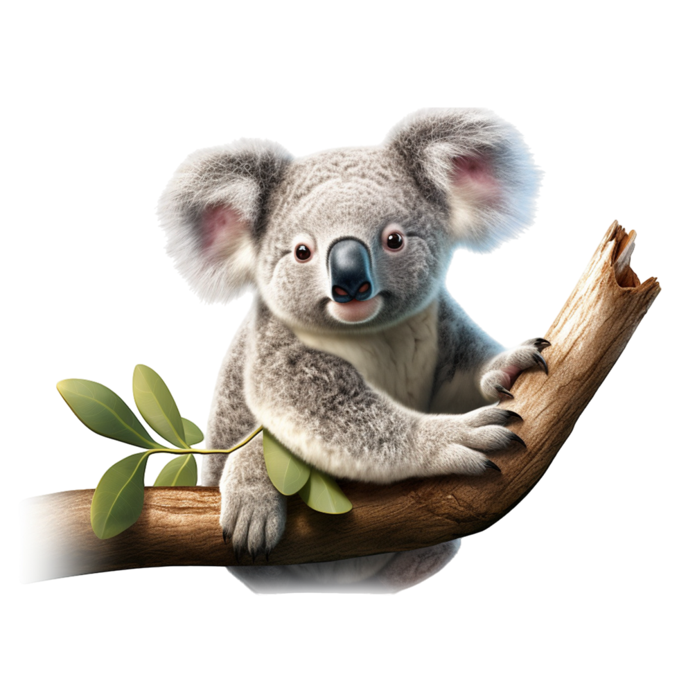 Koala Hanging from Branch with Soft Fur and Bright Eyes png