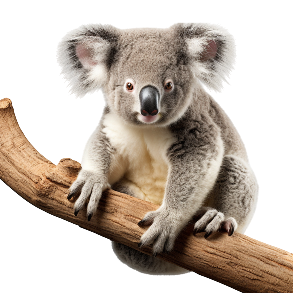 Cute Koala Sitting on Tree Branch with Detailed Fur and Expression png
