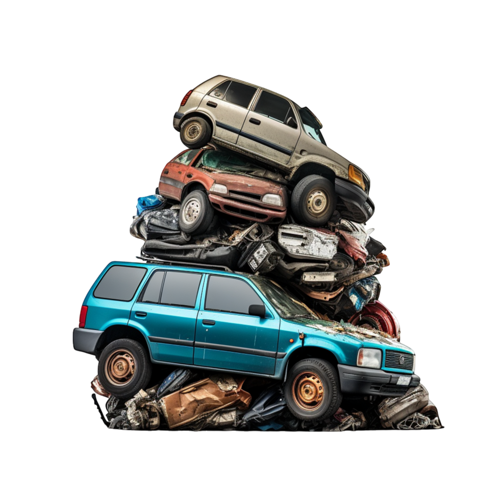 Stacked Wrecked Vehicles for Scrap Metal and Environmental Projects png