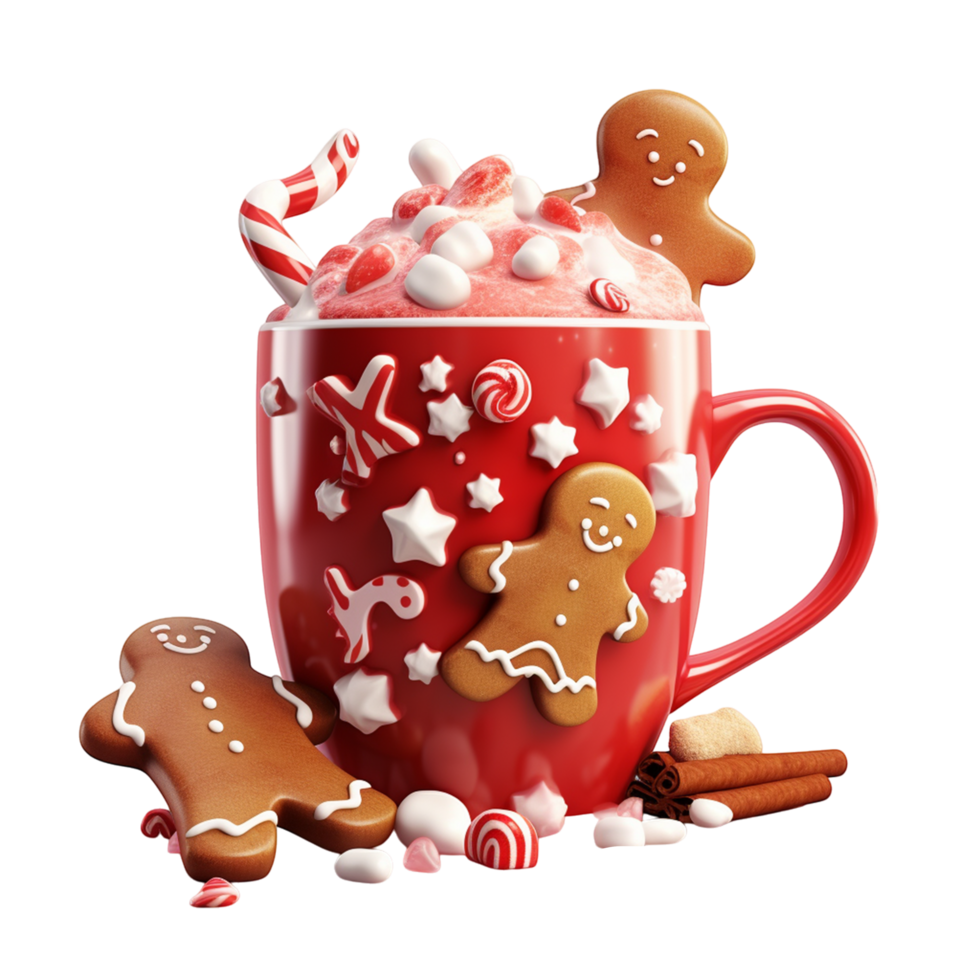 Christmas Hot Chocolate in Red Mug with Gingerbread Cookies and Candy Canes png