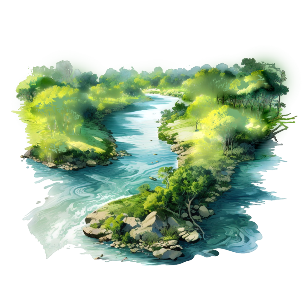 3D Rendered River Landscape with Trees and a Flowing Water Path png
