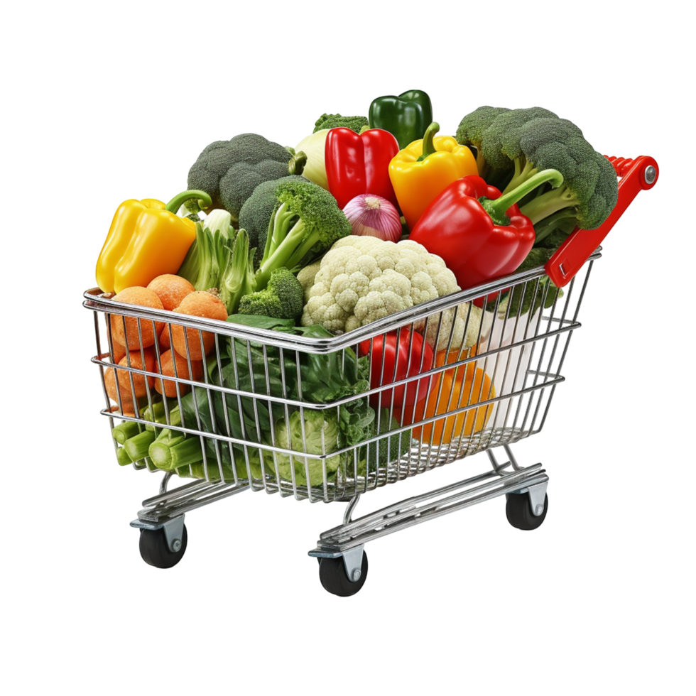 Shopping Cart Filled with Fresh Vegetables and Colorful Produce png