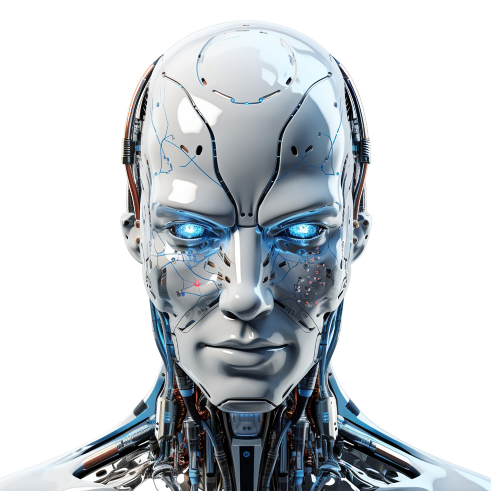 Silver Humanoid Robot with Blue Glowing Eyes png