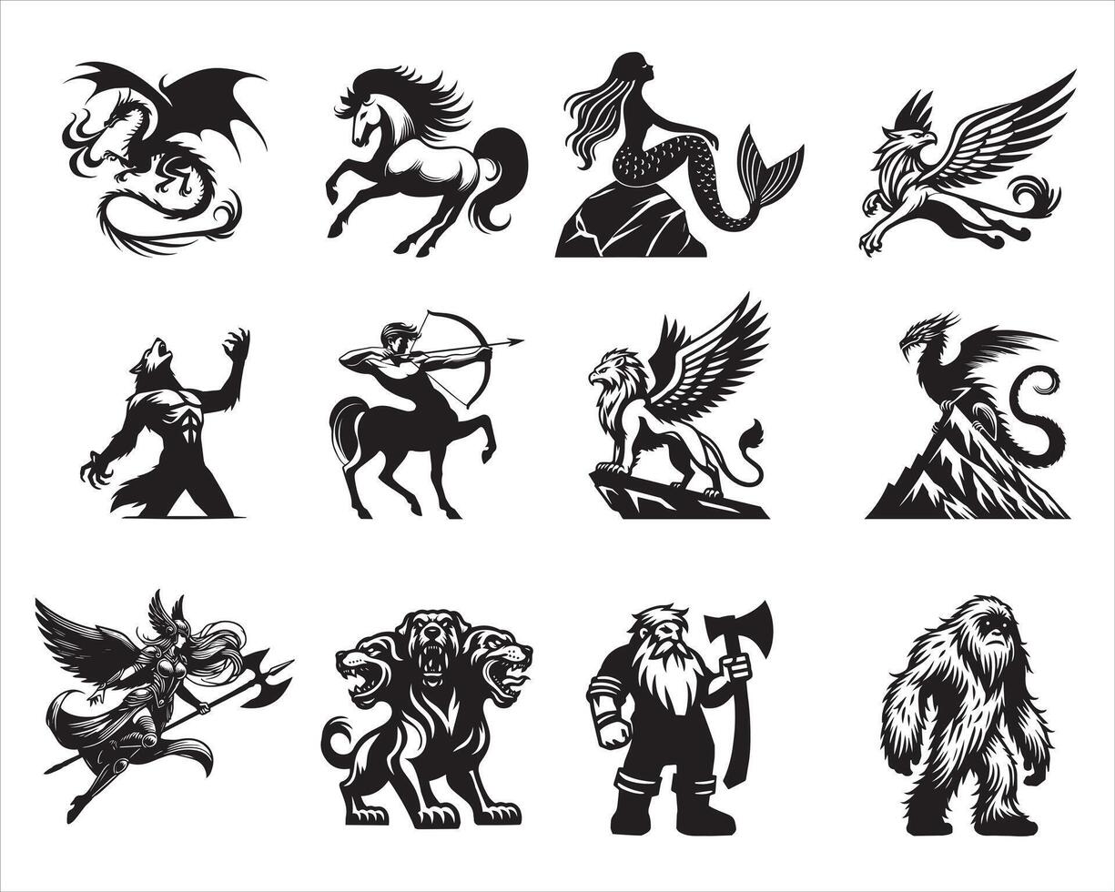 Set of Mythical Creatures illustrations in black and white vector