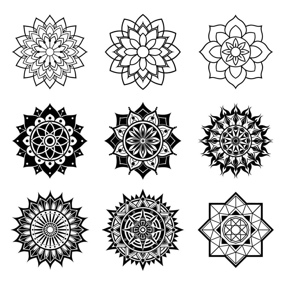 Set of Mandala Illustrations in black and white vector