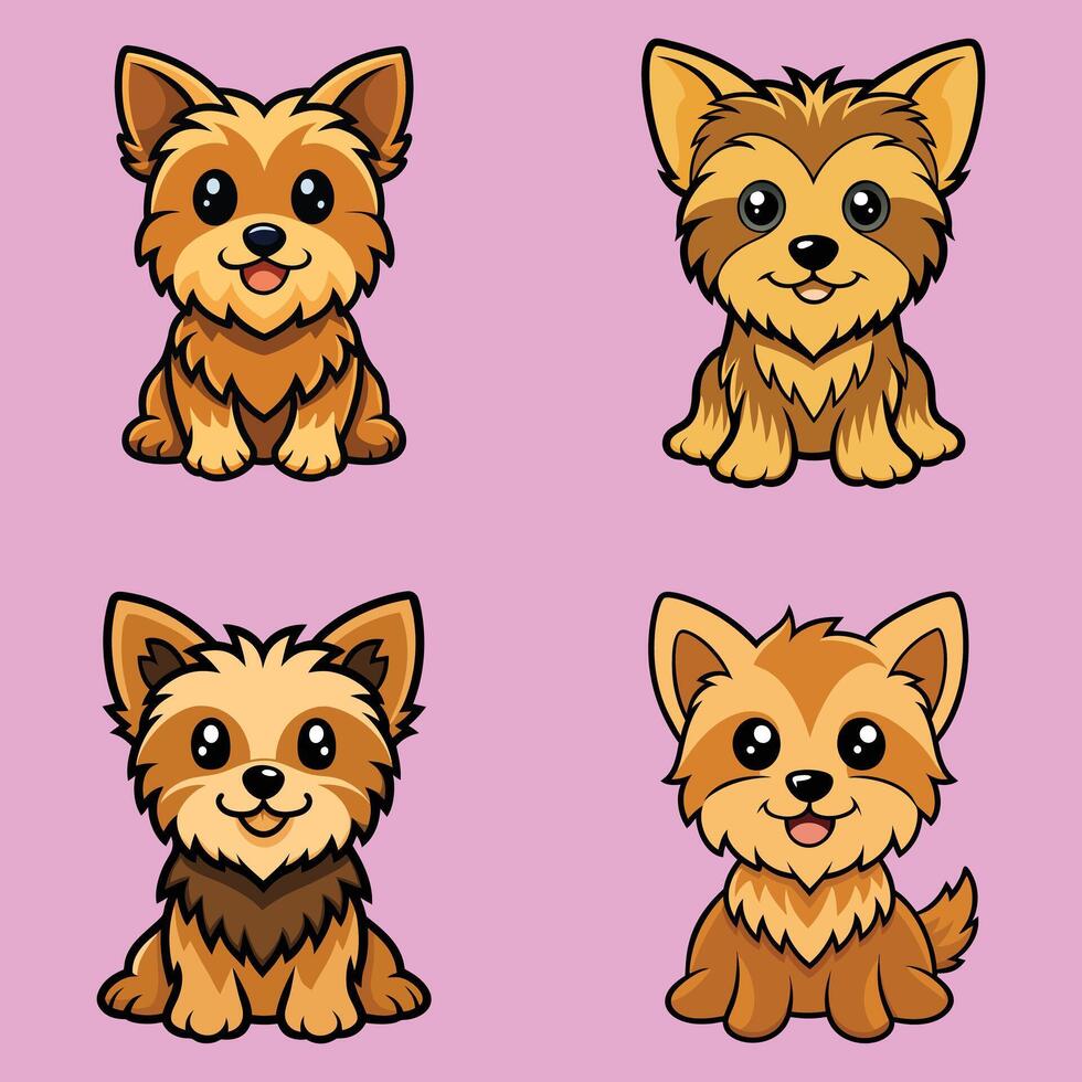 Adorable Set of Yorkshire Terrier Dogs Sitting Clipart Illustrations vector