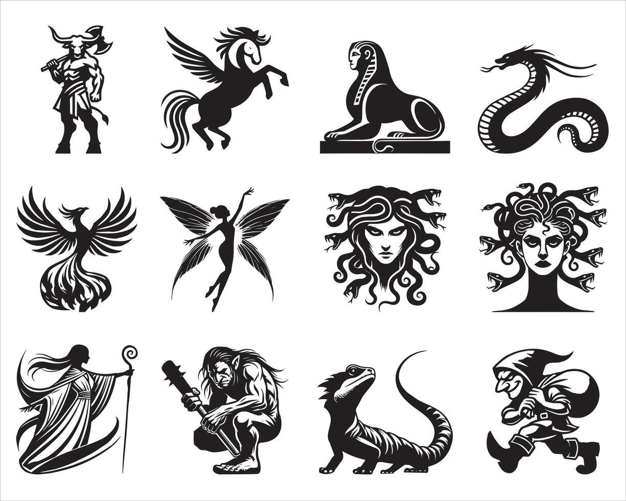collection of Mythical Creatures illustration in black and white vector