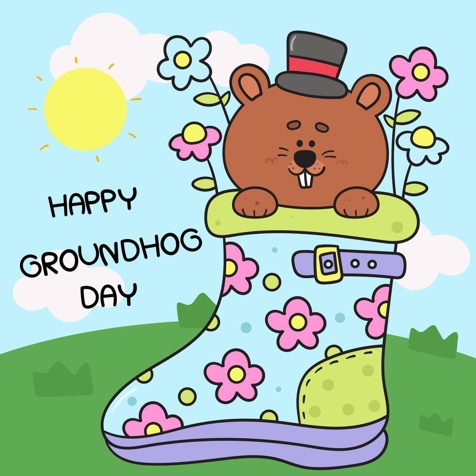 Happy Groundhog Day in flower boot kawaii sticker vector