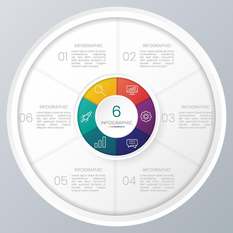 Circle chart infographic template with 6 options for presentations. vector