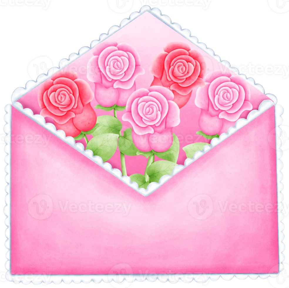 Adorable pink Valentine Letter with rose. Clipart Watercolor Illustration for Cards, Crafts, and Decorations png