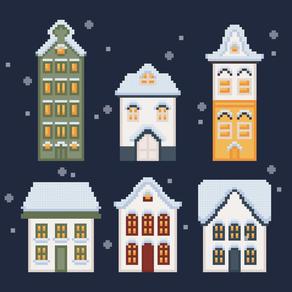 Flat cute pixel 8 bit Western style building and houses facade in winter collection elements. For decoration, concept proposal, game design, postcard, banner, social media vector
