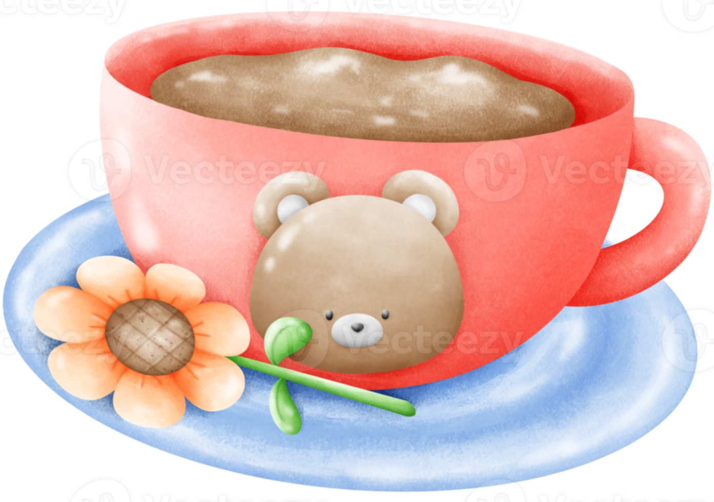 Brown bear coffee cup on a coaster with sunflowers png