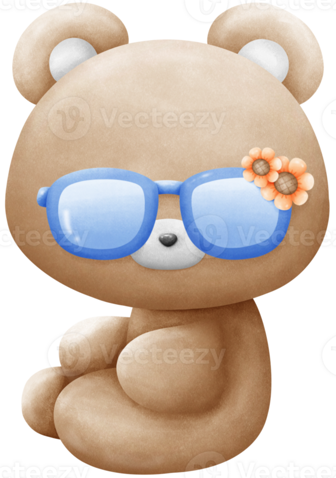 Brown bear wearing blue sunglasses with sunflower pattern png