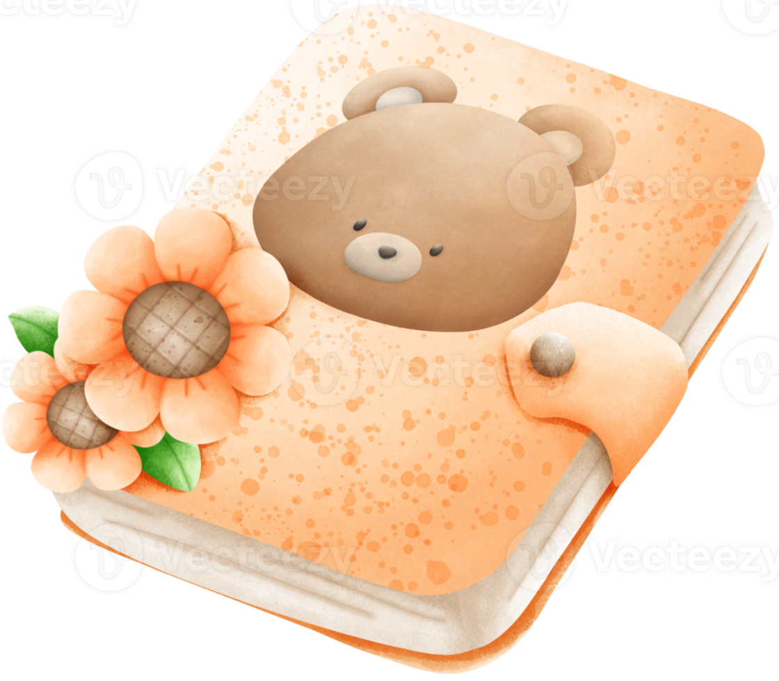 Orange notebook with brown bear and sunflower pattern png