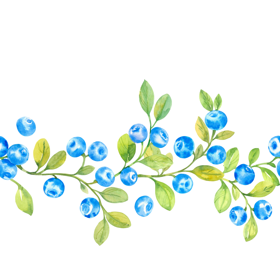 Seamless pattern with watercolor blueberries and leaves png