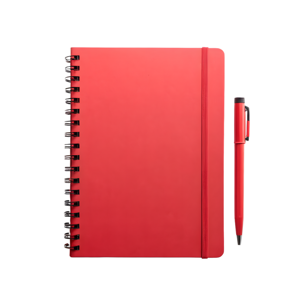 Red Spiral Bound Notebook and Pen Isolated on Transparent Background png