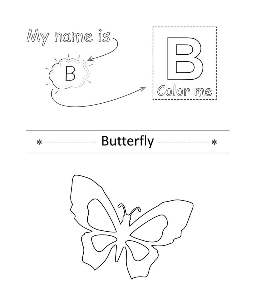 Color the letter and picture. Educational children game. Coloring alphabet. Letter B and cute butterfly. vector