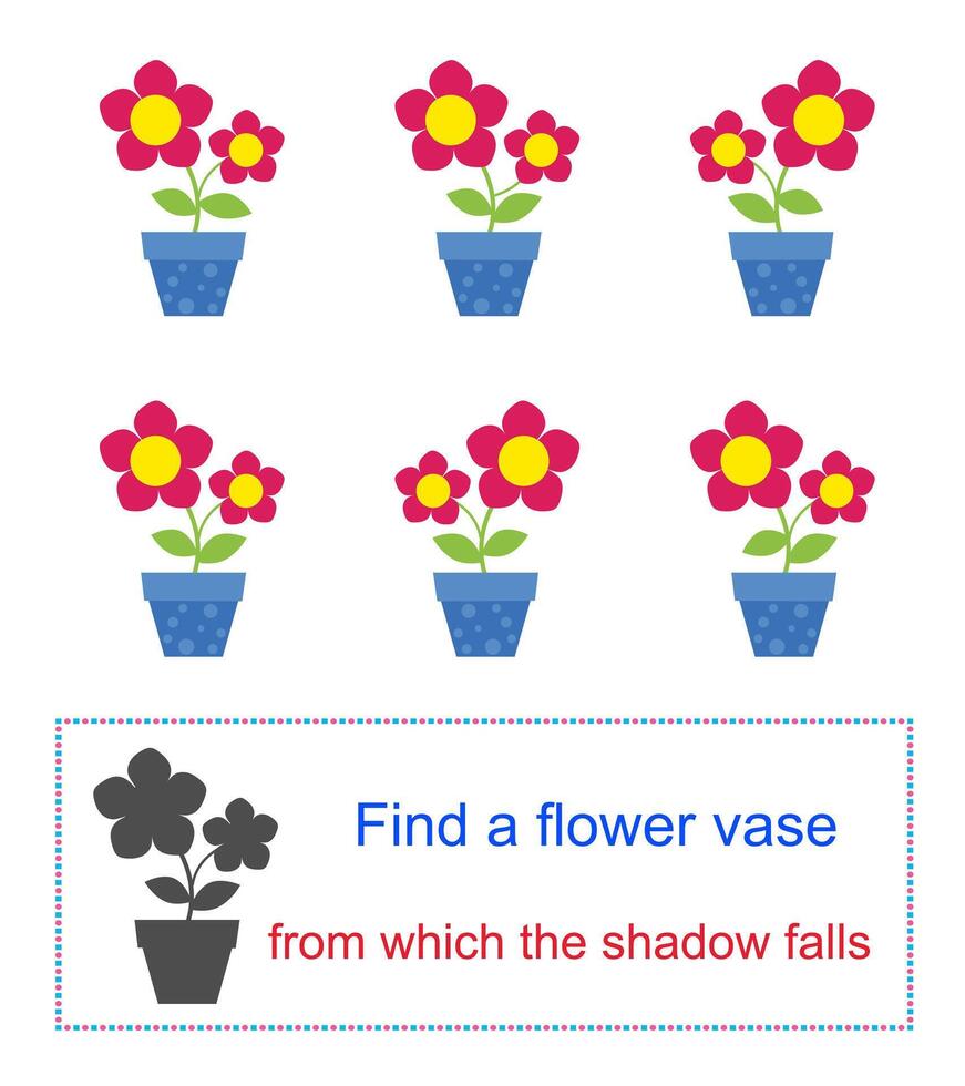 Educational game for kids. Task for attentiveness. Find a flower vase from which the shadow falls. illustration. vector