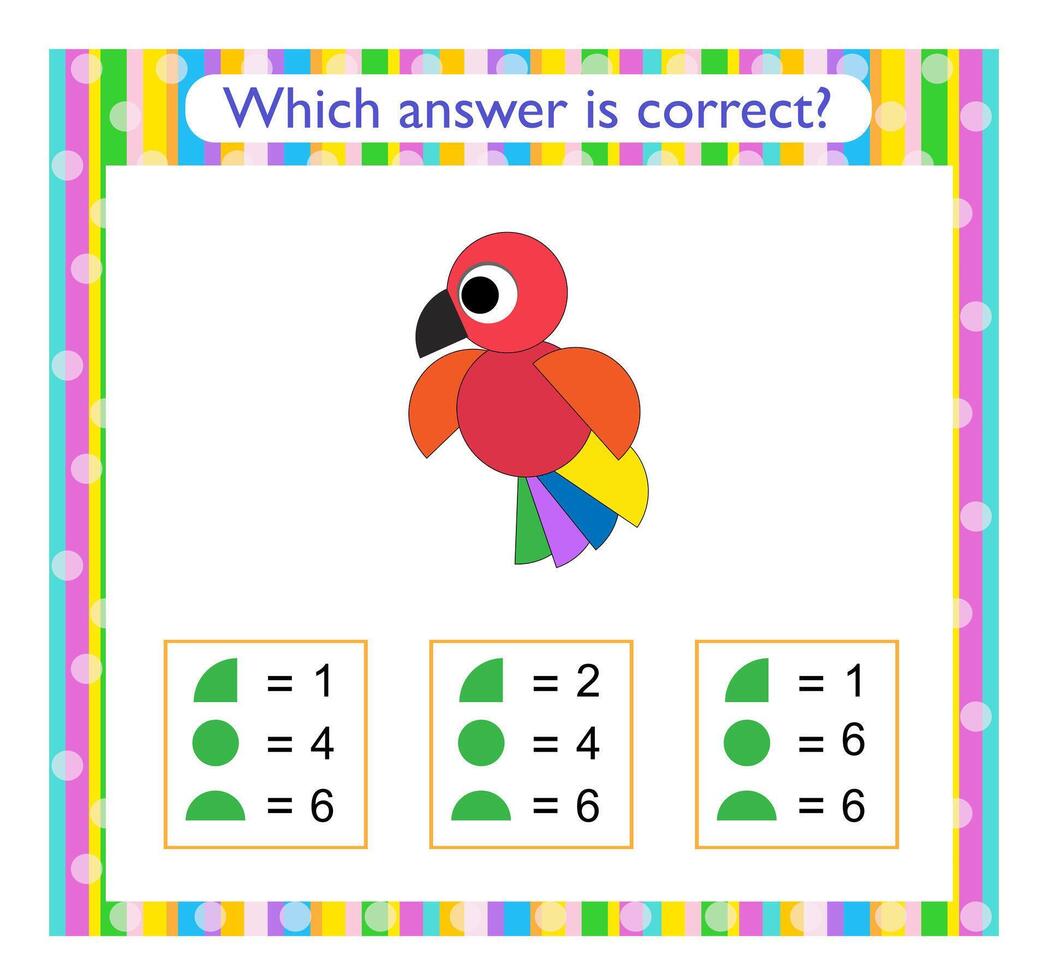 Math activity for kids. Find the correct answer. Cartoon parrot. vector