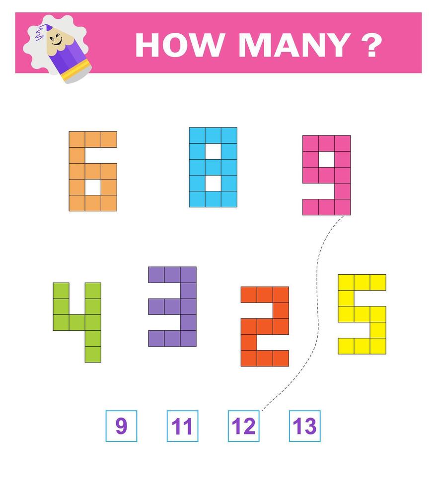 Math game for preschool and school age children. Educational material for kids. Count number of squares in a each object. Worksheet. illustration vector