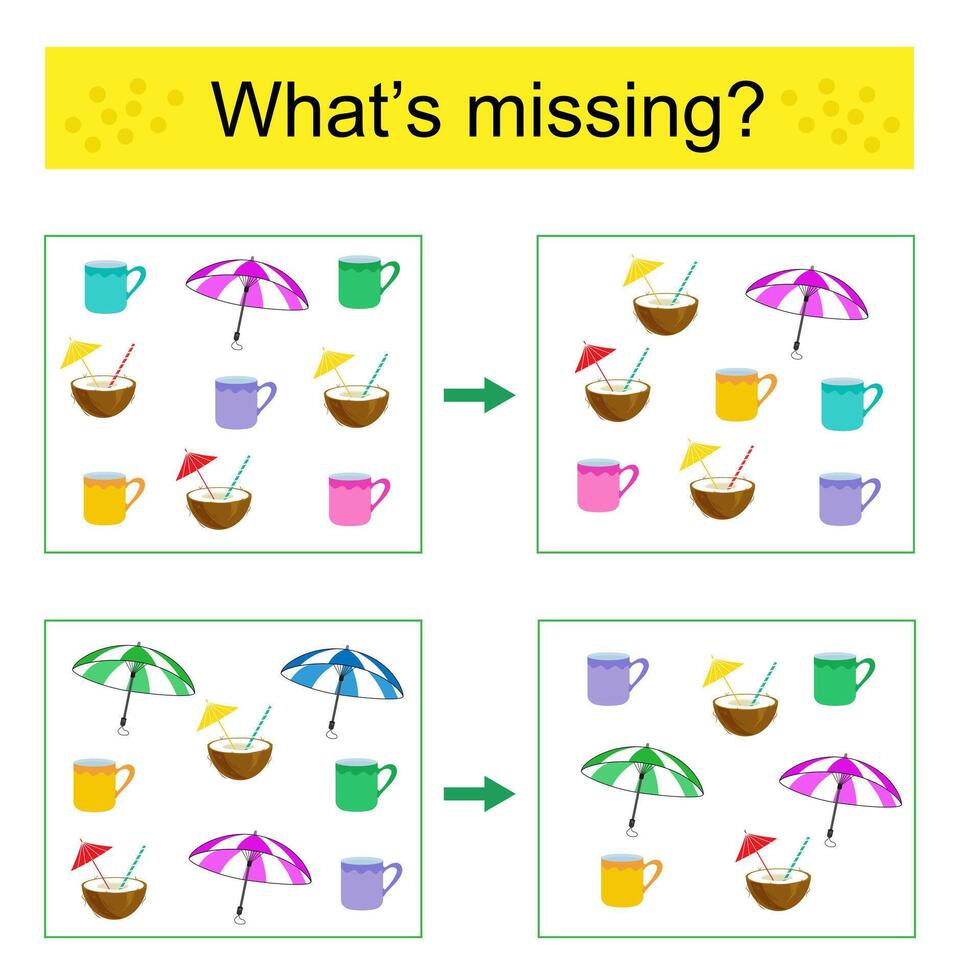 Puzzle game. Find the missing object. illustration of mug, coconut ...