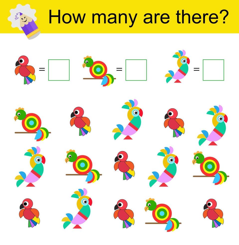 Math activity for kids. Developing numeracy skills. Cartoon parrots. vector