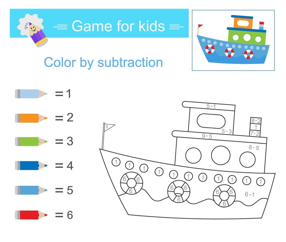 Color by subtraction. Math activity for kids. Developing numeracy skills. Number range up to 10 vector