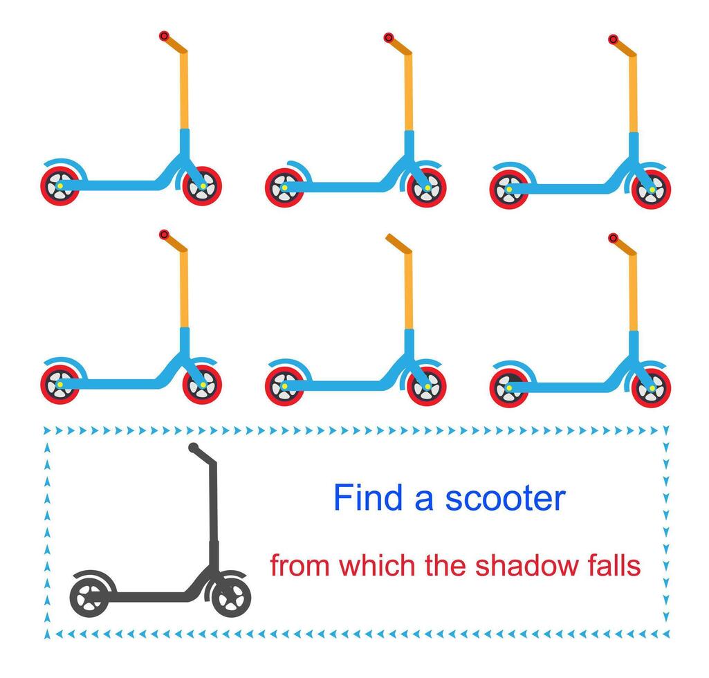 Educational game for kids. Task for attentiveness. Find a scooter from which the shadow falls. illustration. vector