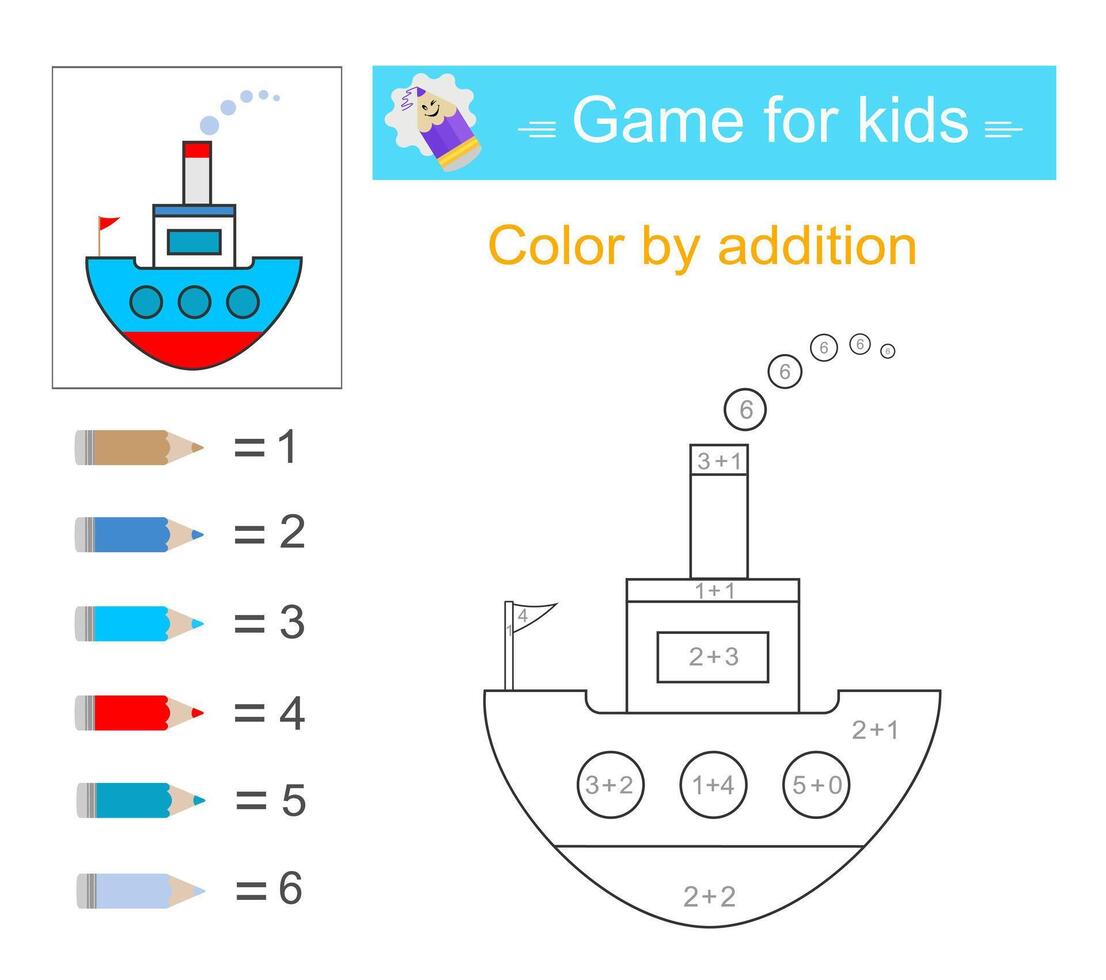Color by addition. Math activity for kids. Developing numeracy skills. Number range up to 10 vector