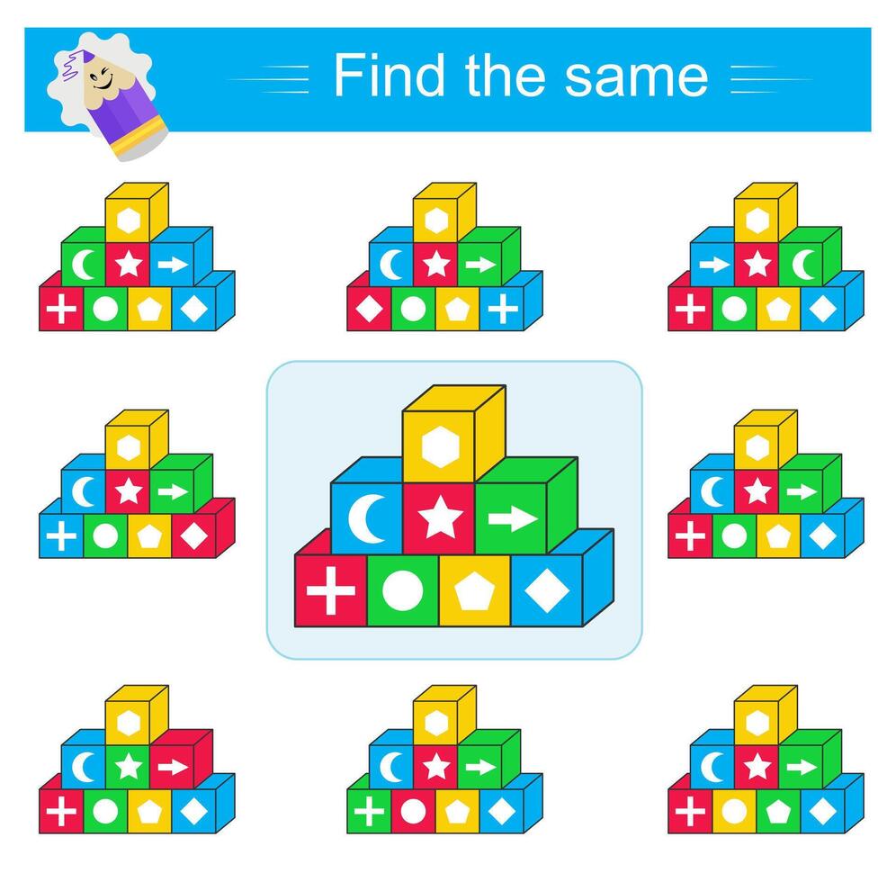 Puzzle game. Fun educational material for kids. Need to find same group of cubes. vector