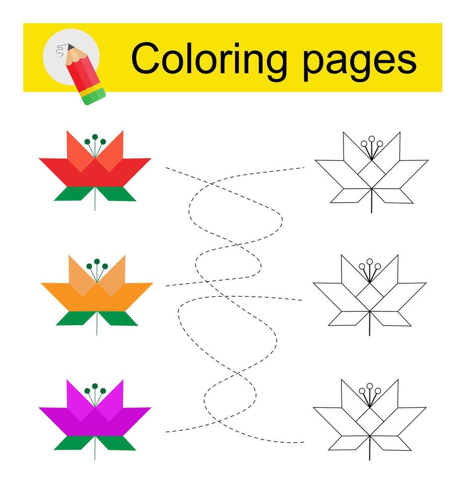 Educational game for kids. Go through the maze and color a cartoon flower according to the pattern. vector