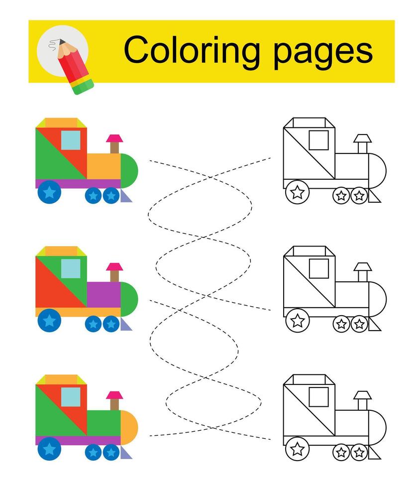 Educational game for children. Go through the maze and color a cartoon locomotive according to the pattern. illustration. vector