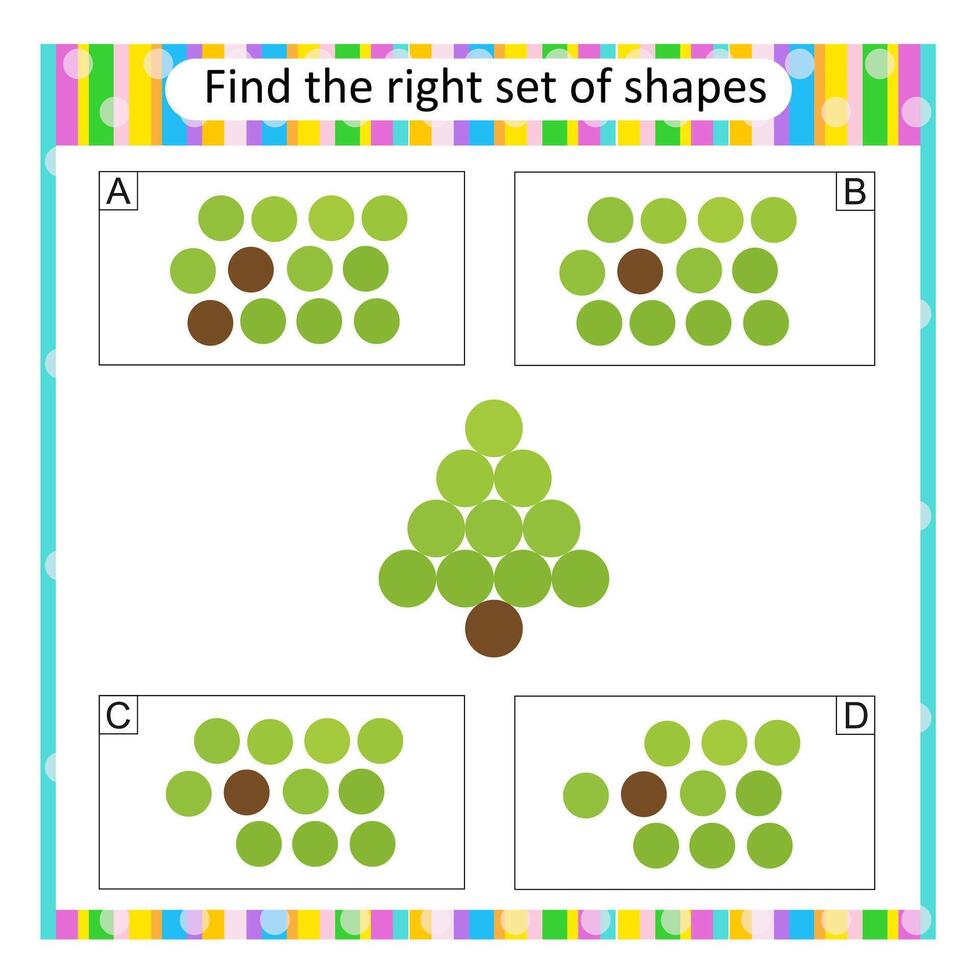 Logic puzzle for children. Find the correct set of cartoon Christmas tree. Answer is C. vector