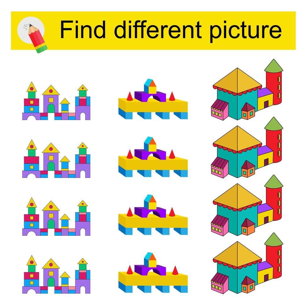 Fun puzzle game for children. Find the odd one in the group. illustration of cartoon palace, pyramid. vector
