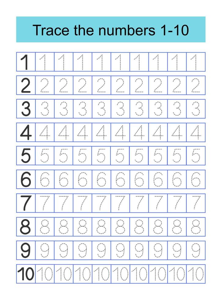 Educational material for kids. Preschool worksheet activity. Tracing dashed lines. Number worksheets for kids to practice writing the numbers. Numbers 1-10. vector